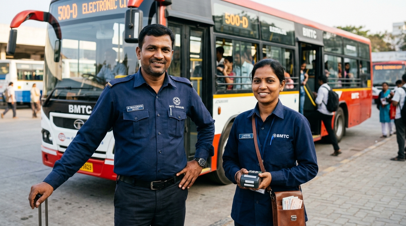 A bus driver and conductor in uniform standing beside their bus