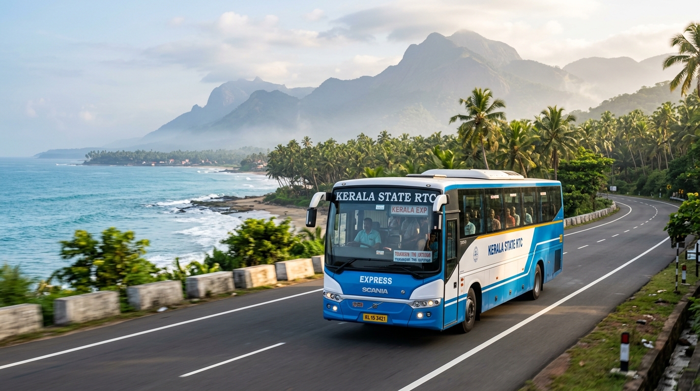 A modern private bus travelling along a palm-lined Kerala road in the misty evening light