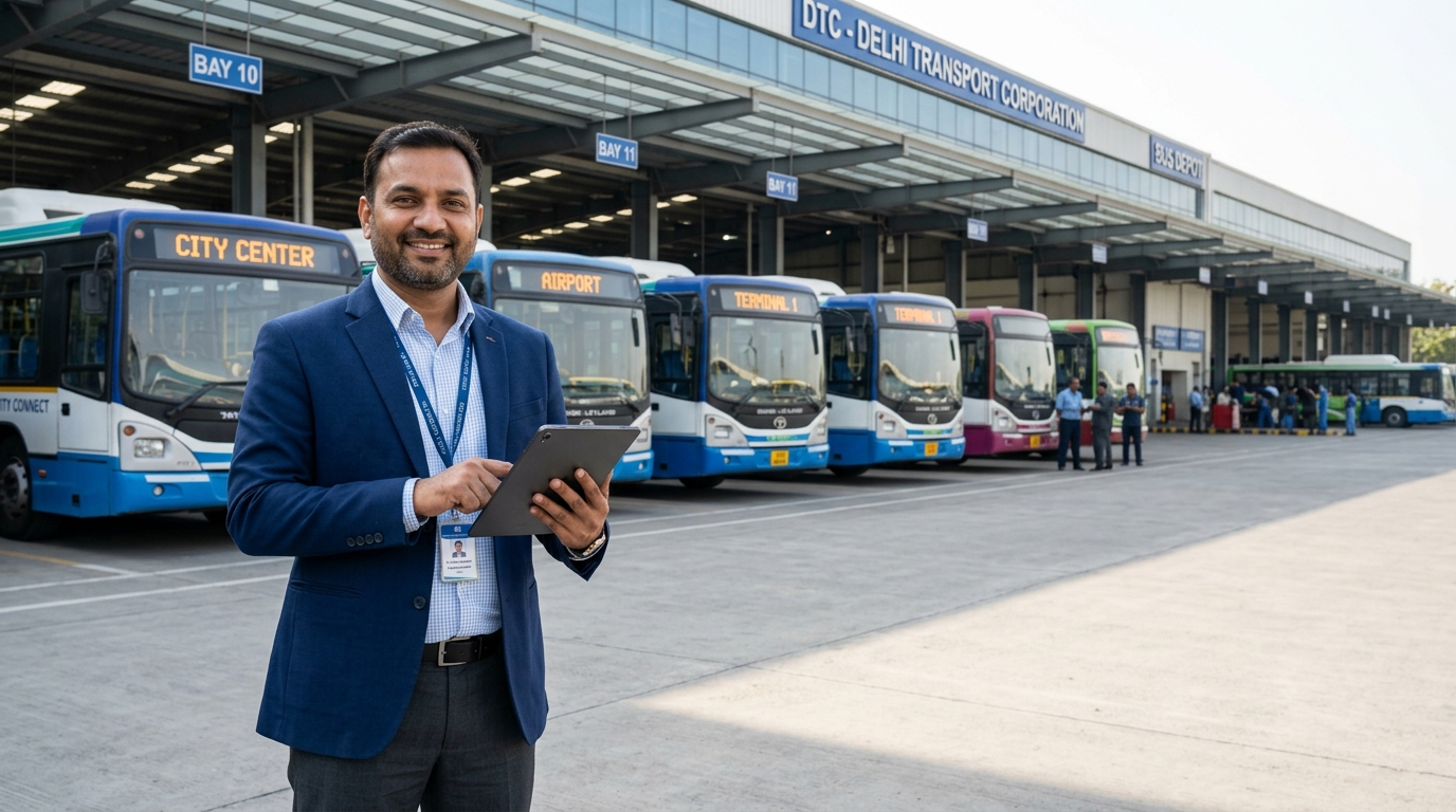 A fleet of private buses parked at a depot, ready for the day's routes